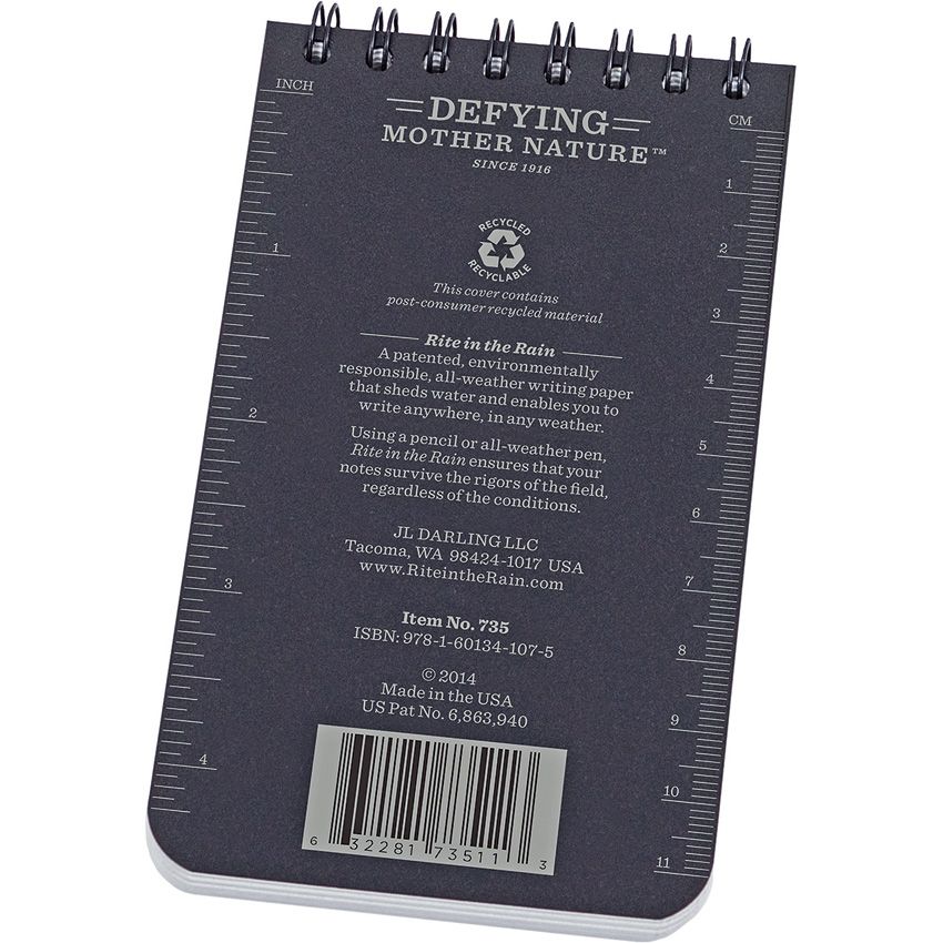 Rite in the Rain Top Spiral Notebook, 3" x 5", Black