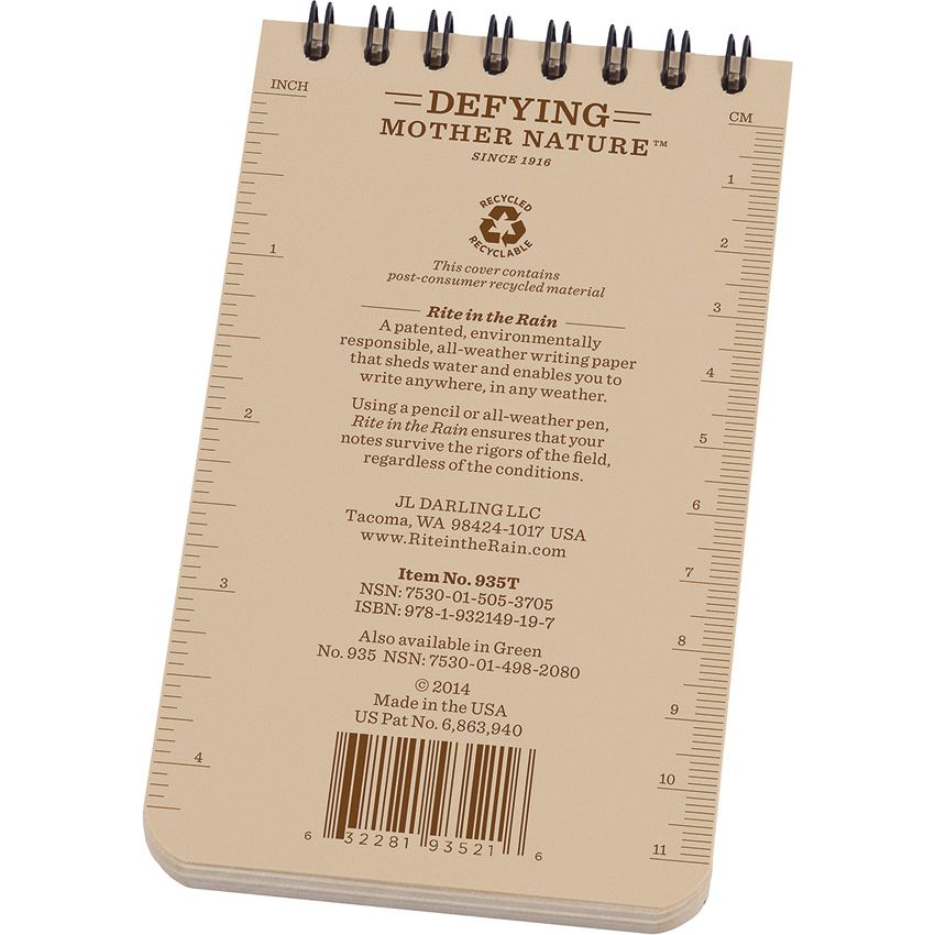Rite in the Rain Top Spiral Notebook, 3" x 5", Tan