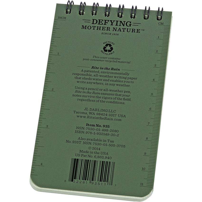 Rite in the Rain Top Spiral Notebook, 3" x 5", Green